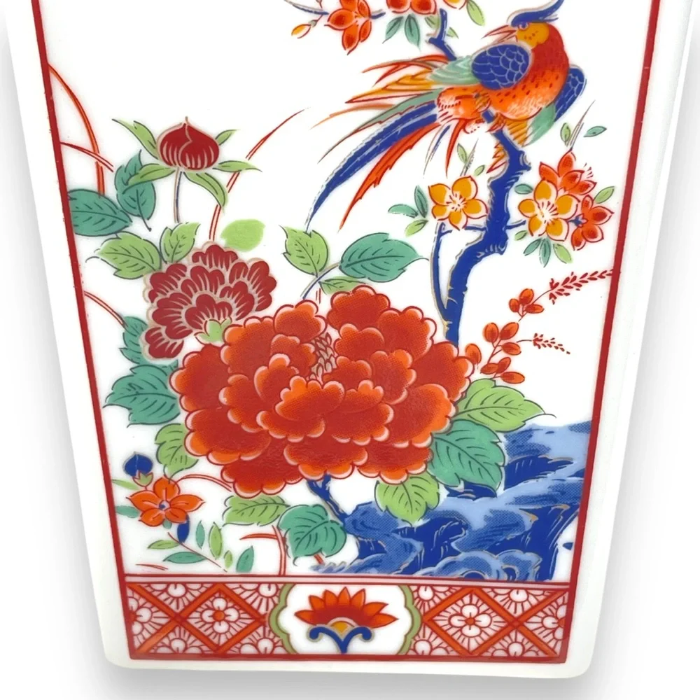 Japanese Imari Square Vase w/ Chrysanthemum & Pheasant Gold Rim 10